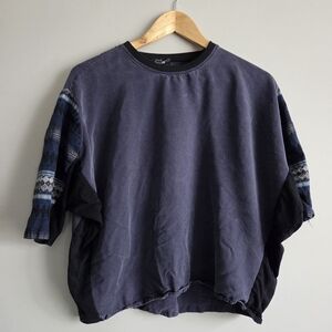 Zara Trafaluc Oversized Boxy Tee Navy Tribal 3/4 Sleeve Streetwear Top Small